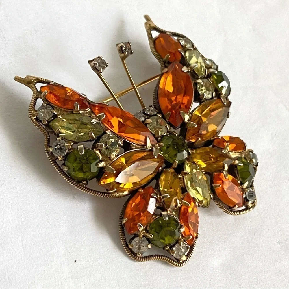 Vintage La Roco Butterfly Brooch Orange Green Rhinestone Pin Retro Estate Piece‎